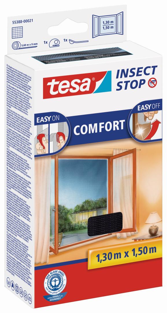 tesa INSECT STOP COMFORT Fliegengitter mit Klettband für Fenster, anthrazit, 1,3 x 1,5 m