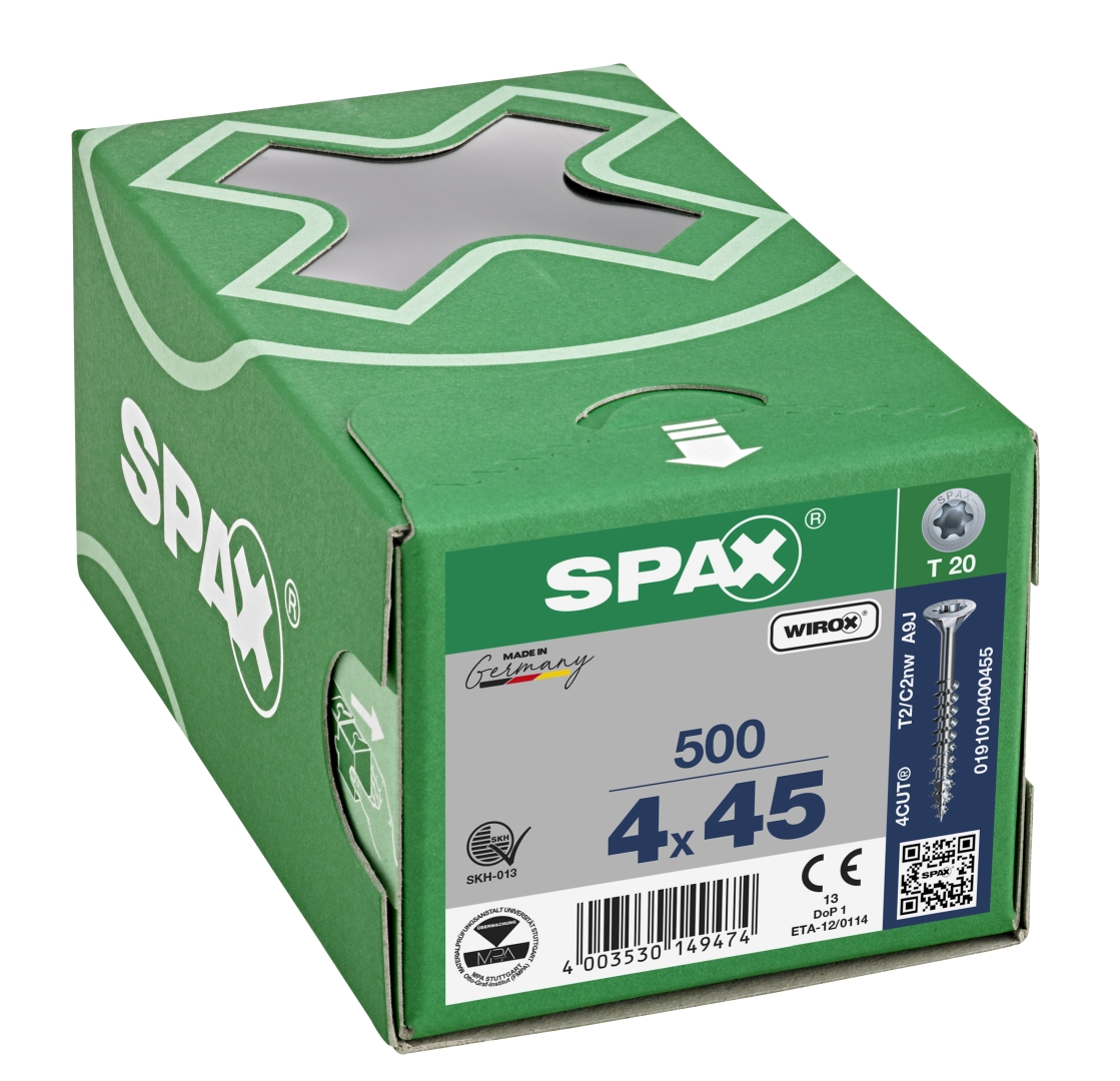 SPAX Universalschraube, Teilgewinde, Senkkopf, T-STAR plus T20, 4CUT, WIROX, 4 x 45 mm, 500 Stück
