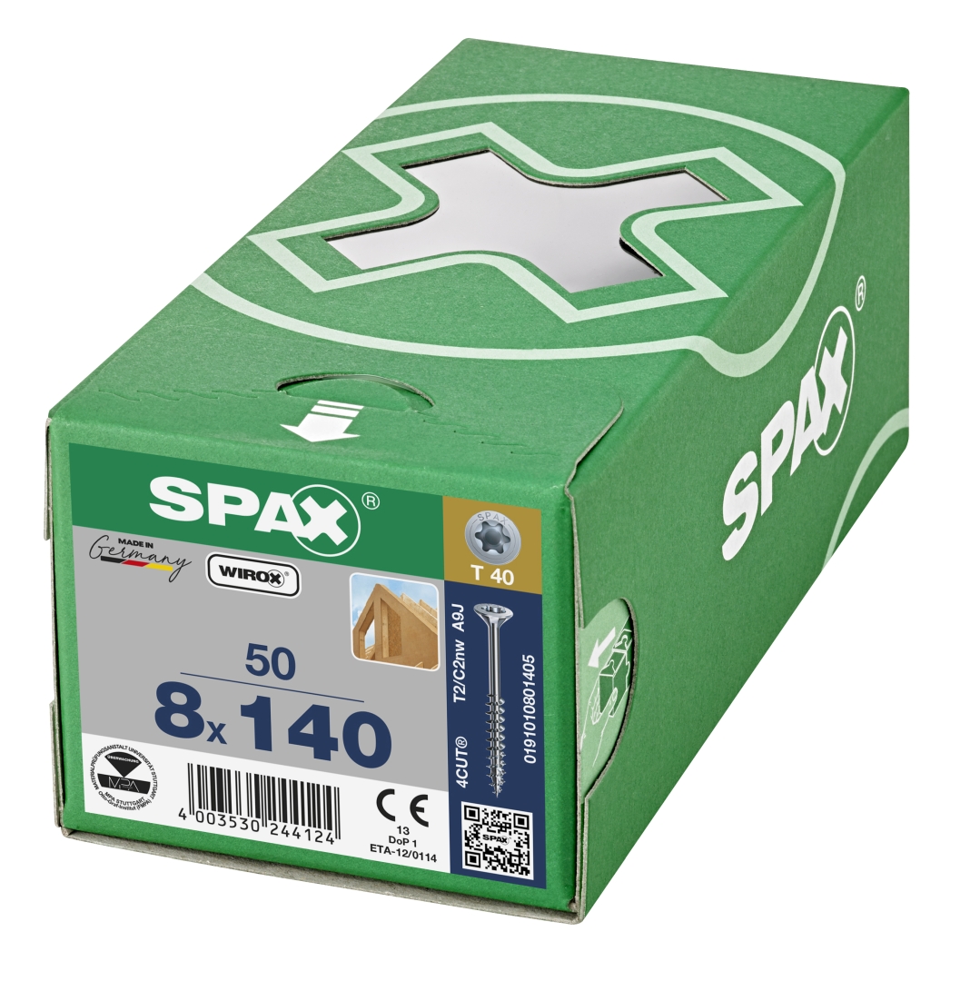 SPAX Holzbauschraube, Teilgewinde, Senkkopf, T-STAR plus T40, 4CUT, WIROX, 8 x 140 mm, 50 Stück
