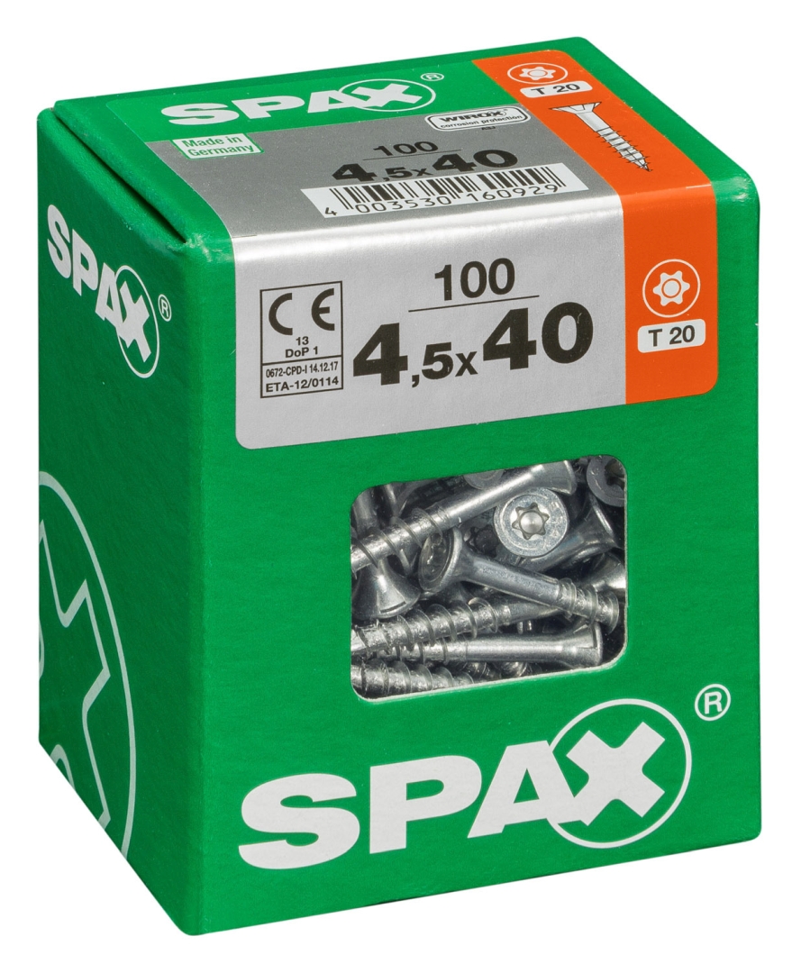 SPAX Universalschraube, Teilgewinde, Senkkopf, T-STAR plus T20, 4CUT, WIROX, 4,5 x 40 mm, 100 Stück