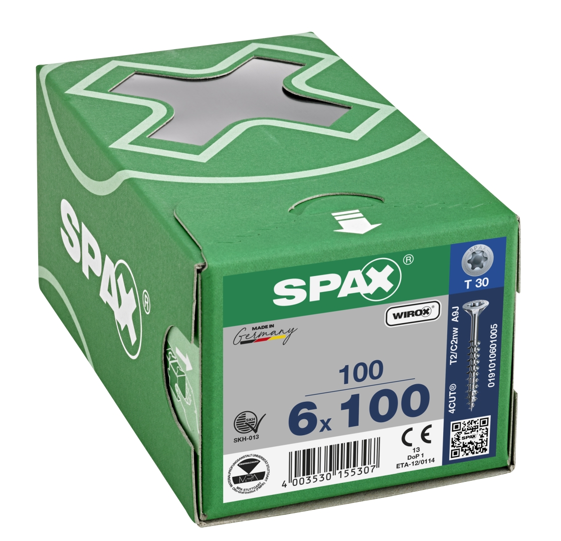 SPAX Universalschraube, Teilgewinde, Senkkopf, T-STAR plus T30, 4CUT, WIROX, 6 x 100 mm, 100 Stück