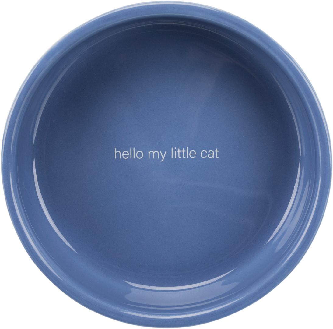TRIXIE Napf, flach, Hello my little cat, Keramik, 0,3 l / Ø 15 cm, hellblau / weiß
