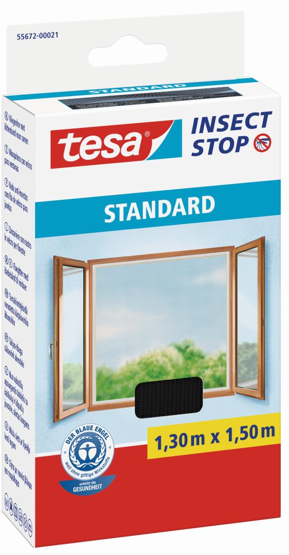 tesa INSECT STOP STANDARD, Fliegengitter mit Klettband für Fenster, anthrazit, 1,3 x 1,5 m