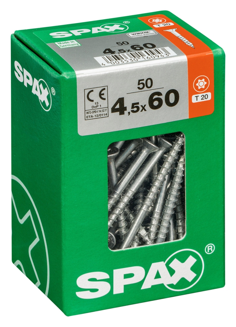 SPAX Universalschraube, Teilgewinde, Senkkopf, T-STAR plus T20, 4CUT, WIROX, 4,5 x 60 mm, 50 Stück