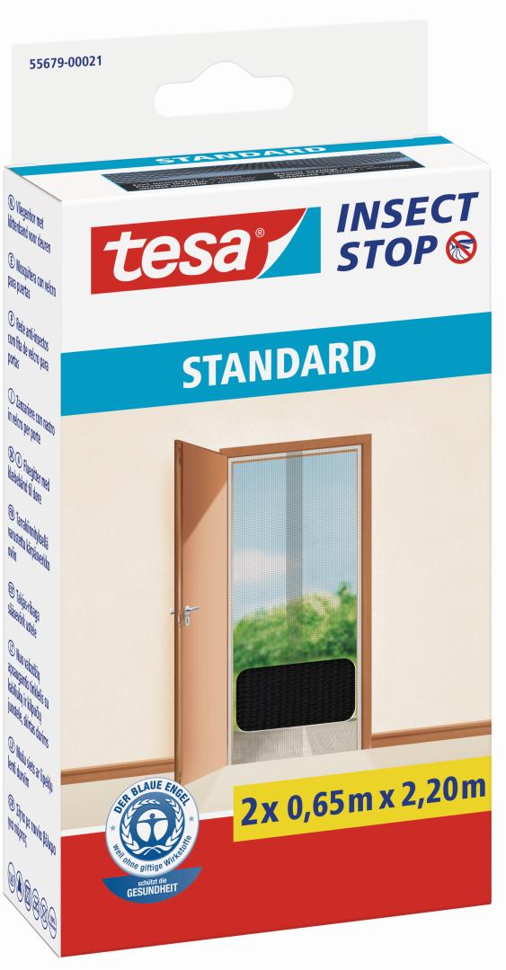 tesa INSECT STOP STANDARD, Fliegengitter mit Klettband für Türen, anthrazit, 2 Teile je 0,65 x 2,2 m