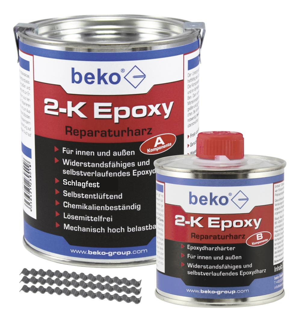 beko 2-Komponenten Epoxy-Reparaturharz, 1 kg, betongrau, inkl. 10 Estrichklammern 6 x 70 mm im Beutel