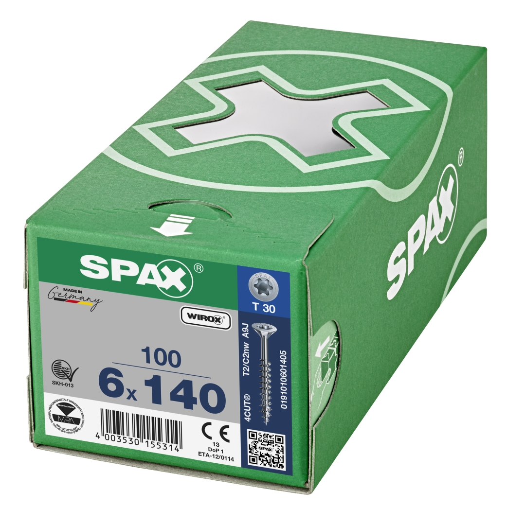SPAX Universalschraube, Teilgewinde, Senkkopf, T-STAR plus T30, 4CUT, WIROX, 6 x 140 mm, 100 Stück
