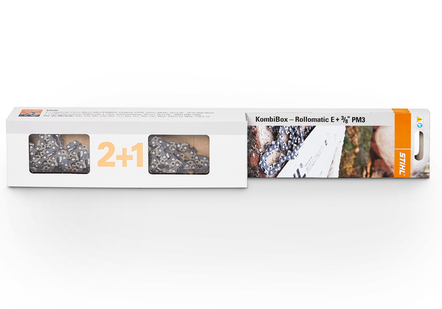 STIHL KombiBox Rollomatik E + 3/8" PM3, Sägeketten-Führungsschienen-Set 3/8" PM3, Dicke 1,3 mm, Länge 35 cm