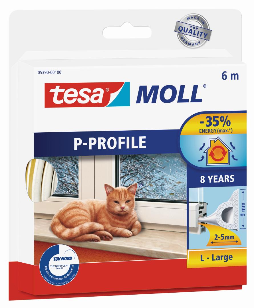 tesamoll P-Profil Gummidichtung für 2 - 5 mm Spalten, für Türen und Fenster, weiß, 6 m x 9 mm x 4 mm