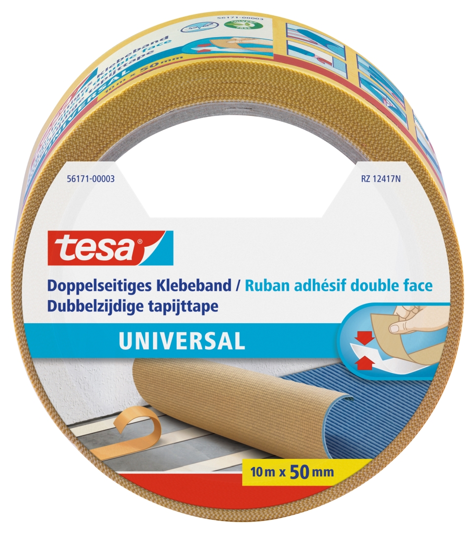 tesa universal, doppelseitiges Klebeband, von Hand einreißbar, 10 m x 50 mm 