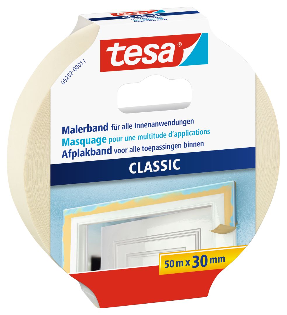 tesa CLASSIC Malerband, Kreppband, Klebeband, beige, lösungsmittelfrei, 50 m x 30 mm
