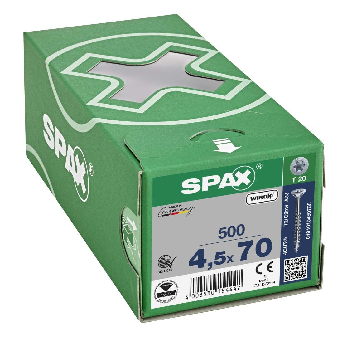 SPAX Universalschraube, Teilgewinde, Senkkopf, T-STAR plus T20, 4CUT, WIROX, 4,5 x 70 mm, 500 Stück