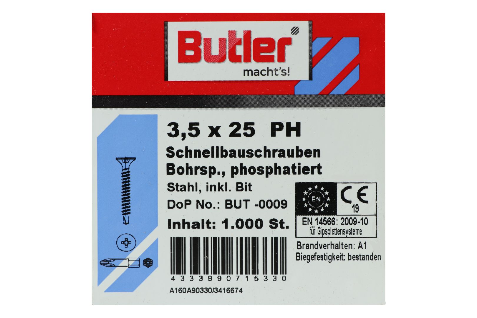 Butler macht's! Schnellbauschrauben inkl. Bit für Gipsplatten auf Metall 0,6 bis 2 mm, Bohrspitze, Feingewinde, PH2, 3,5 x 25 mm, 1.000 Stück