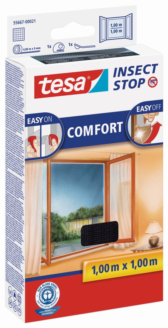 tesa INSECT STOP COMFORT Fliegengitter mit Klettband für Fenster, anthrazit, 1 x 1 m