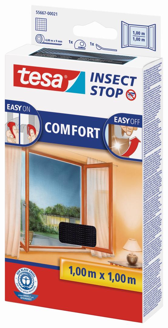 tesa INSECT STOP COMFORT Fliegengitter mit Klettband für Fenster, anthrazit, 1 x 1 m