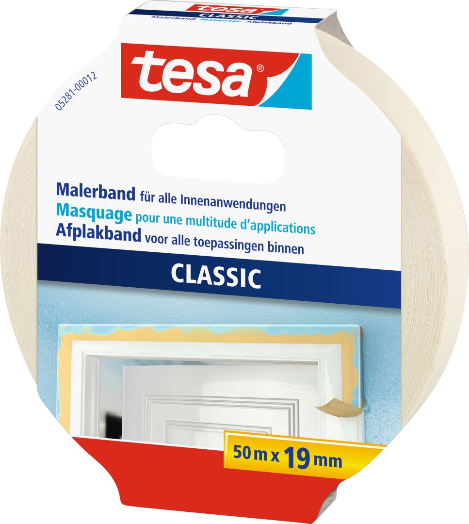 tesa CLASSIC Malerband, Kreppband, Klebeband, beige, lösungsmittelfrei, 50 m x 19 mm 