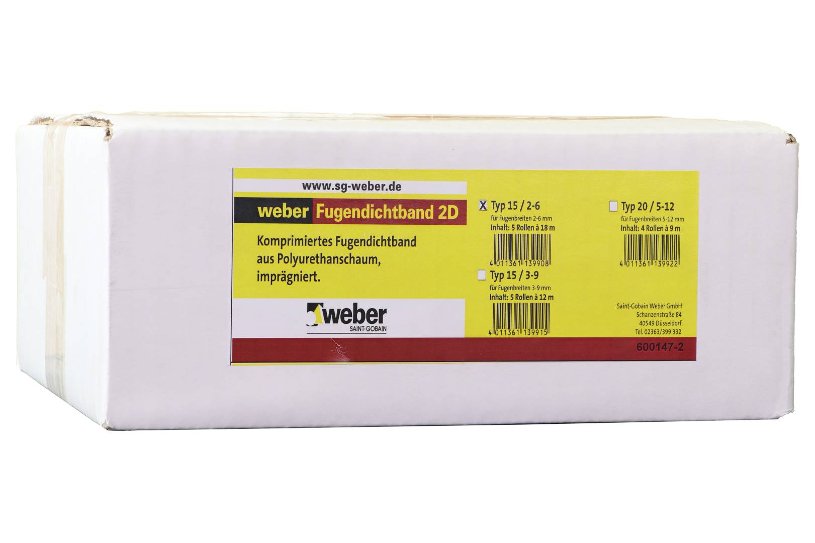 weber.therm Fugendichtband 2D 15/2-6, Breite 15 mm, Stärke 2-6 mm, Länge: 18 m, 5 Rollen