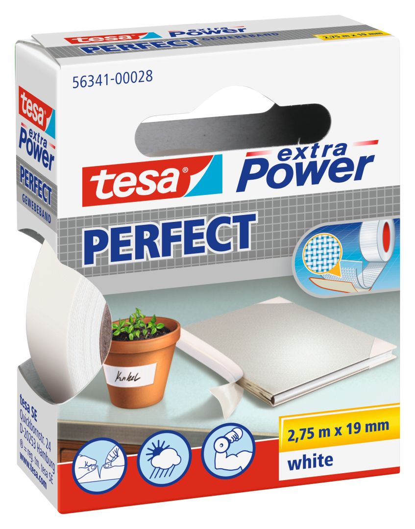 tesa extra Power PERFECT, Gewebeband, weiß, 2,75 m x 19 mm
