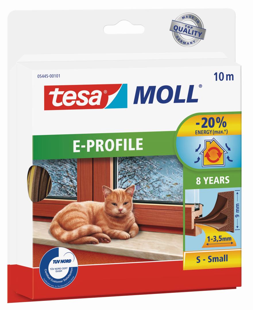 tesamoll E-Profil Gummidichtung für 1 - 3,5 mm Spalten, für Türen und Fenster, braun, 10 m x 9 mm x 4 mm