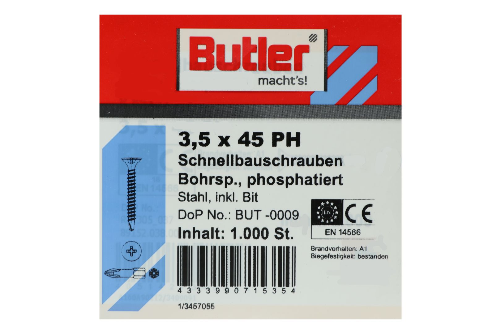 Butler macht's! Schnellbauschrauben inkl. Bit für Gipsplatten auf Metall 0,6 bis 2 mm, Bohrspitze, Feingewinde, PH2, 3,5 x 45 mm, 1.000 Stück