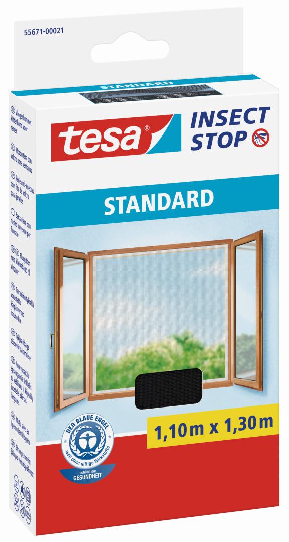 tesa INSECT STOP STANDARD, Fliegengitter mit Klettband für Fenster, anthrazit, 1,1 x 1,3 m
