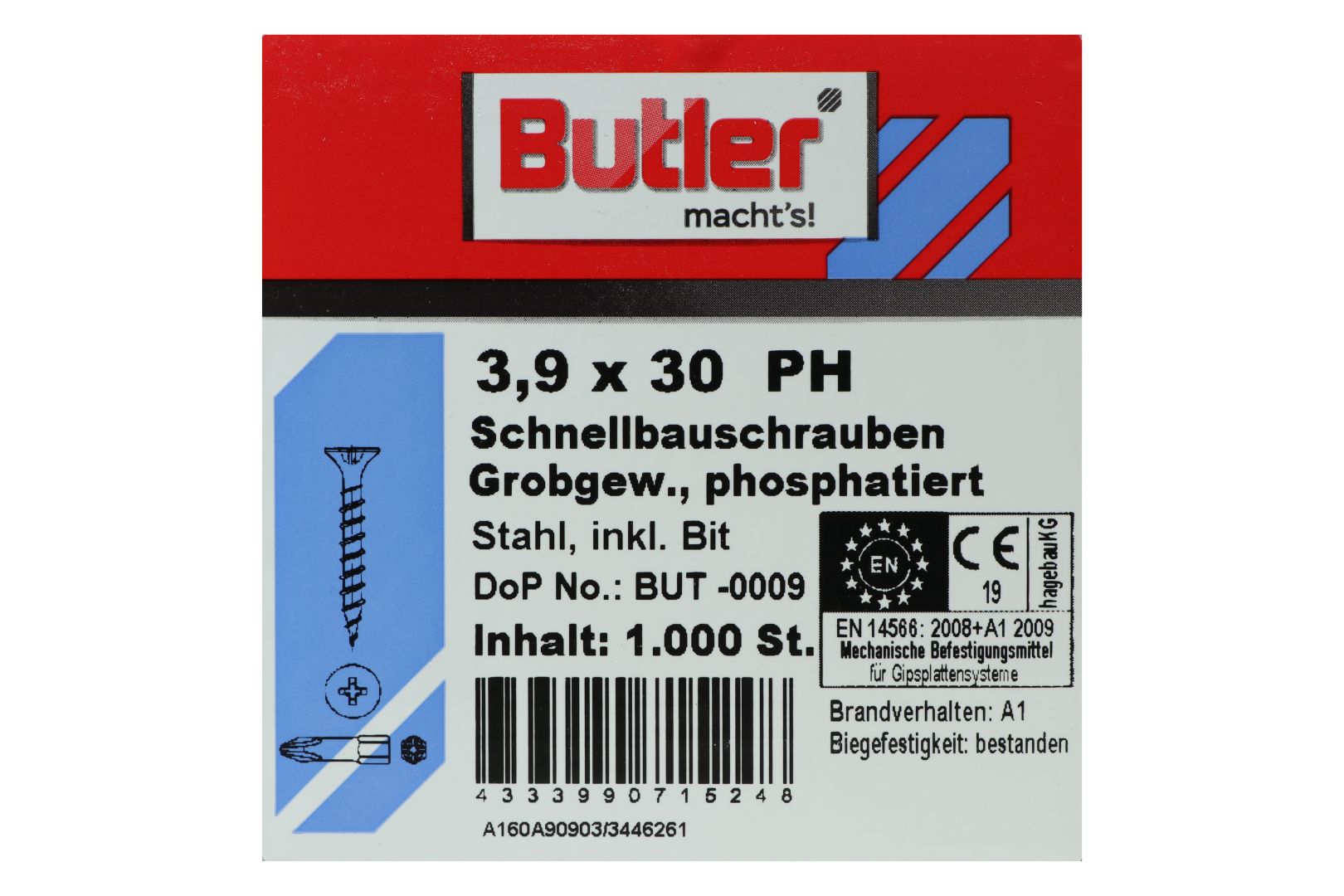 Butler macht's! Schnellbauschrauben inkl. Bit für Holz auf Holz, Grobgewinde, PH2, 3,9 x 30 mm, 1.000 Stück