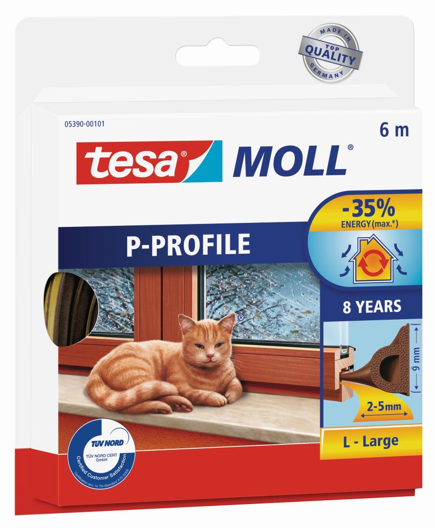 tesamoll P-Profil Gummidichtung für 2 - 5 mm Spalten, für Türen und Fenster, braun, 6 m x 9 mm x 4 mm