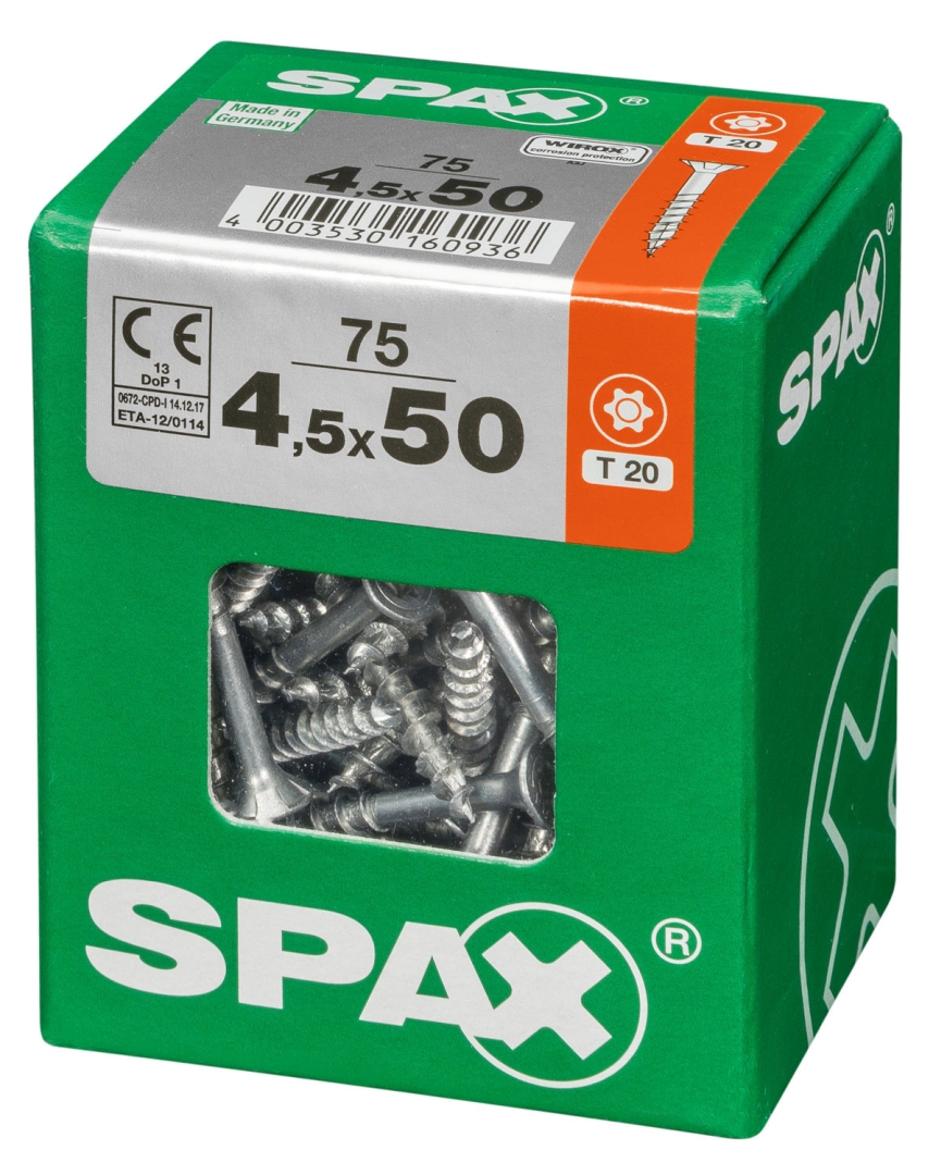 SPAX Universalschraube, Teilgewinde, Senkkopf, T-STAR plus T20, 4CUT, WIROX, 4,5 x 50 mm, 75 Stück