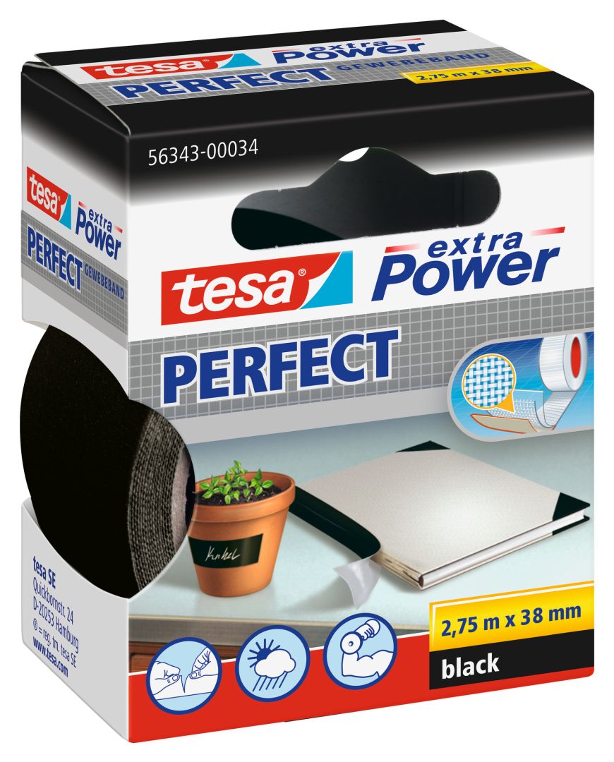 tesa extra Power PERFECT, Gewebeband, schwarz, 2,75 m x 38 mm