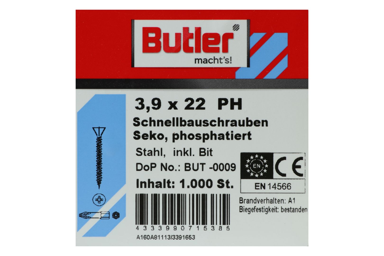 Butler macht's! Schnellbauschrauben inkl. Bit für Faserplatten auf Holz und Metall bis 0,6 mm, HiLo-Gewinde, PH2, 3,9 x 22 mm, 1.000 Stück