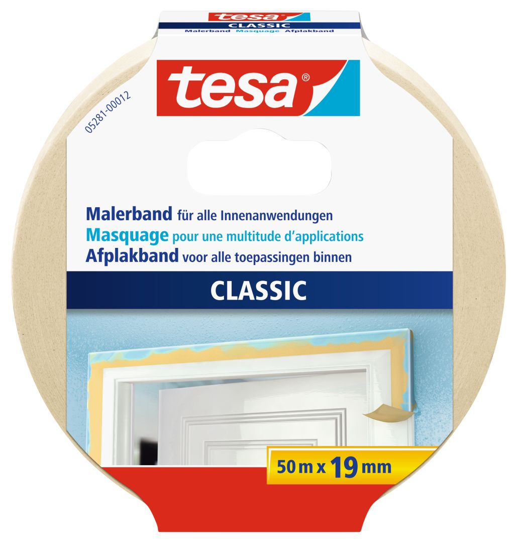 tesa CLASSIC Malerband, Kreppband, Klebeband, beige, lösungsmittelfrei, 50 m x 19 mm