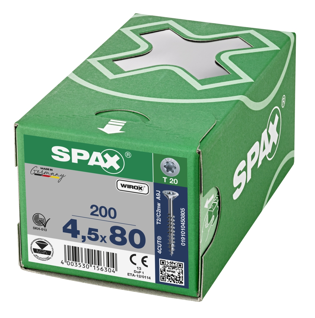 SPAX Universalschraube, Teilgewinde, Senkkopf, T-STAR plus T20, 4CUT, WIROX, 4,5 x 80 mm, 200 Stück