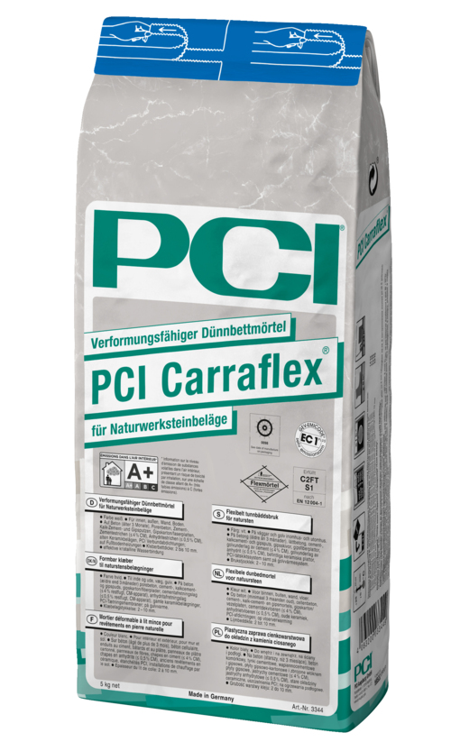PCI Carraflex, verformungsfähiger Dünnbettmörtel für Naturwerksteinbeläge, weiß, 5 kg