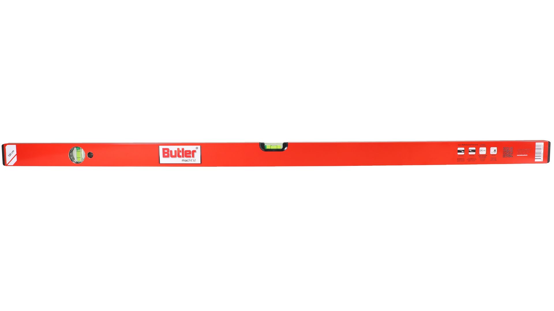 Butler macht's! Wasserwaage aus Leichtmetall, eine horizontale, eine vertikale Libelle, Länge 120 cm