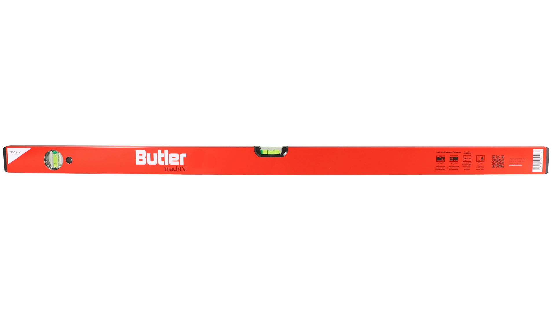 Butler macht's! Wasserwaage aus Leichtmetall, eine horizontale, eine vertikale Libelle, Länge 100 cm