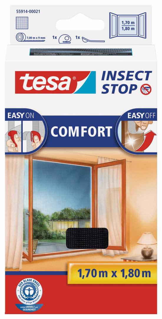 tesa INSECT STOP COMFORT Fliegengitter mit Klettband für Fenster, anthrazit, 1,7 x 1,8 m