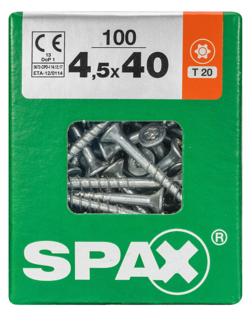 SPAX Universalschraube, Teilgewinde, Senkkopf, T-STAR plus T20, 4CUT, WIROX, 4,5 x 40 mm, 100 Stück