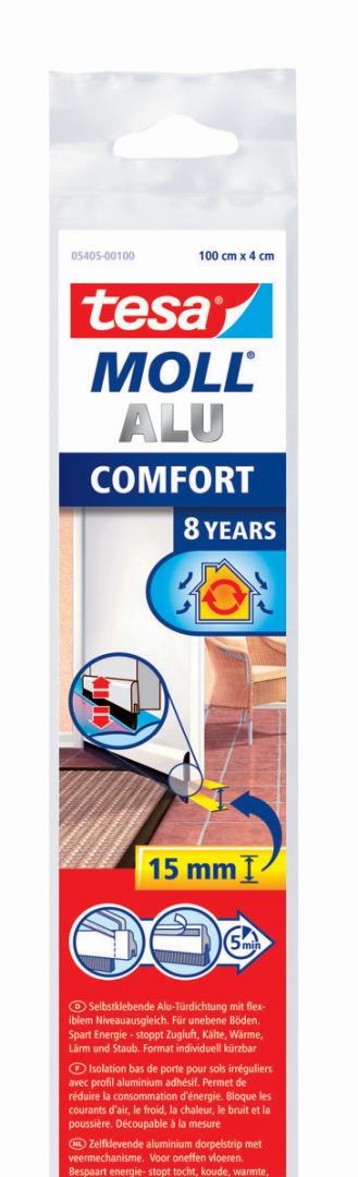tesamoll Alu Comfort Türdichtschiene für bis zu bis 15 mm Spalten, für unebene Böden, 1 m x 40 mm, alu - weiß