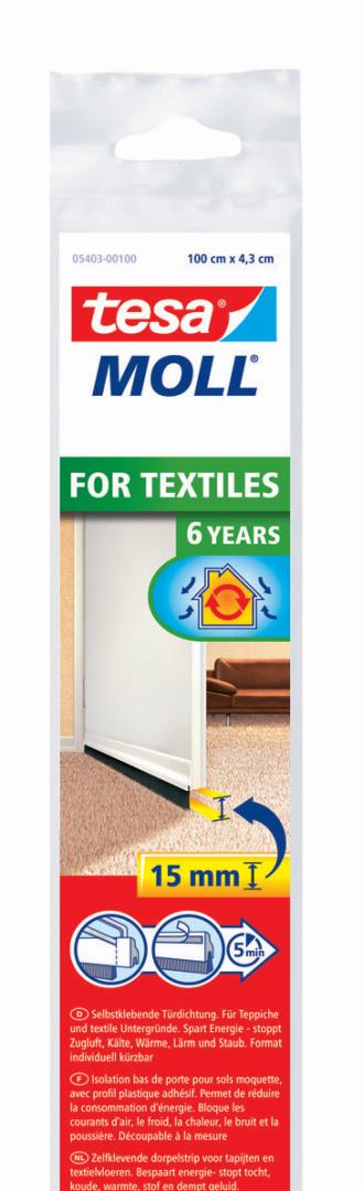 tesamoll Standard Türdichtschiene für bis zu 15 mm Spalten, für Textilböden, 1 m x 43 mm, weiß