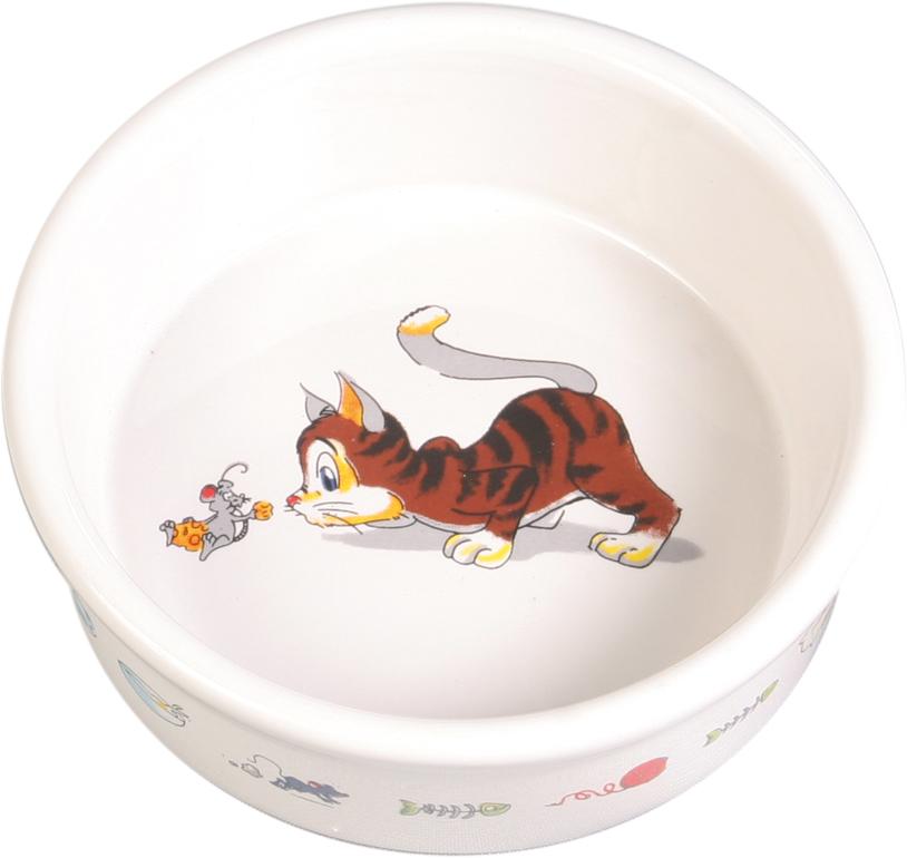 TRIXIE Napf, Comic-Katze mit Maus, Keramik, 0,2 l / Ø 12 cm, weiß