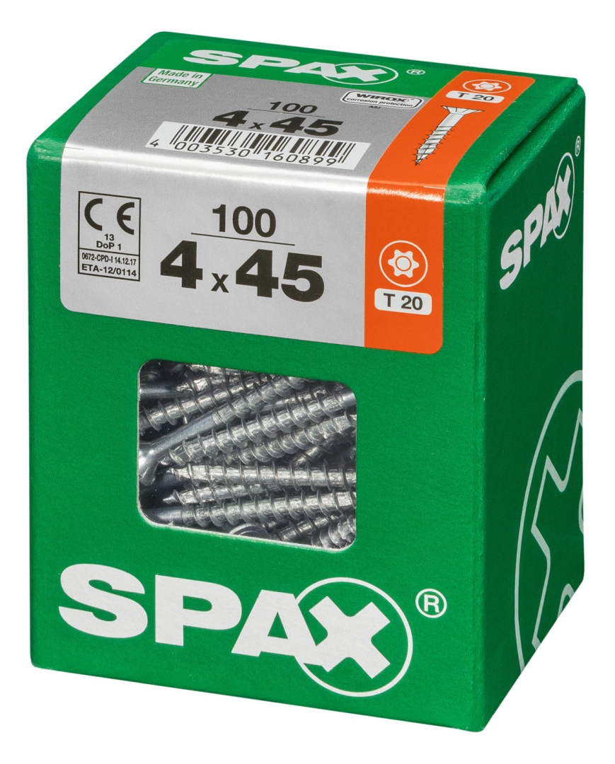 SPAX Universalschraube, Teilgewinde, Senkkopf, T-STAR plus T20, 4CUT, WIROX, 4 x 45 mm, 100 Stück