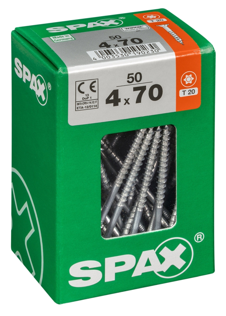SPAX Universalschraube, Teilgewinde, Senkkopf, T-STAR plus T20, 4CUT, WIROX, 4 x 70 mm, 50 Stück