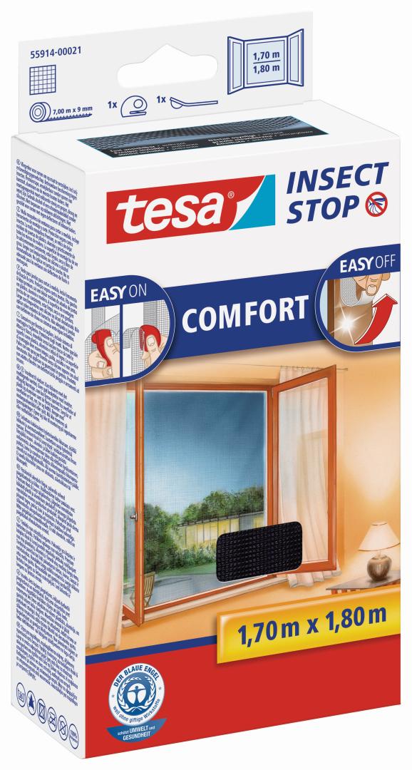 tesa INSECT STOP COMFORT Fliegengitter mit Klettband für Fenster, anthrazit, 1,7 x 1,8 m
