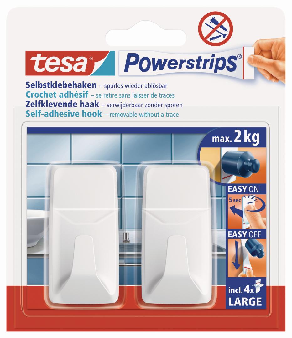 tesa Powerstrips Selbstklebehaken large, eckig, weiß, bis 2,0 kg, 2 Stück