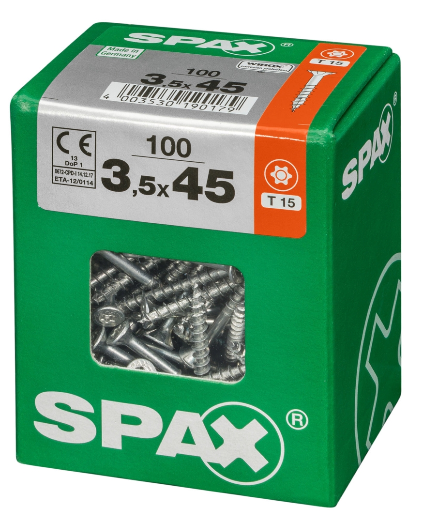 SPAX Universalschraube, Teilgewinde, Senkkopf, T-STAR plus T20, 4CUT, WIROX, 3,5 x 45 mm, 100 Stück