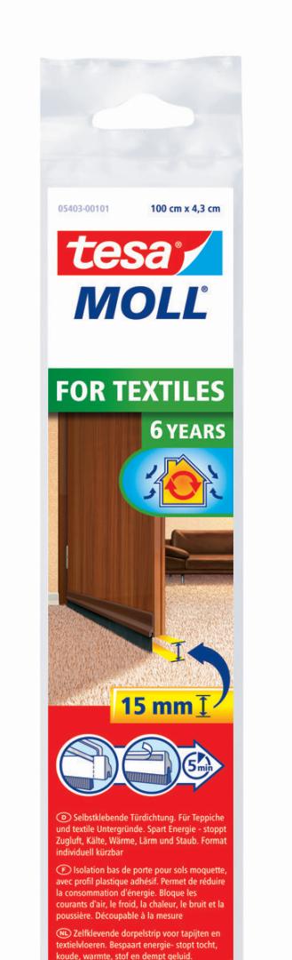 tesamoll Standard Türdichtschiene für bis zu 15 mm Spalten, für Textilböden, 1 m x 43 mm, braun
