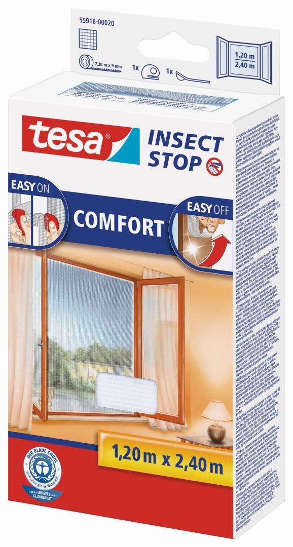 tesa INSECT STOP COMFORT Fliegengitter mit Klettband für bodentiefe Fenster, weiß, 1,2 x 2,4 m