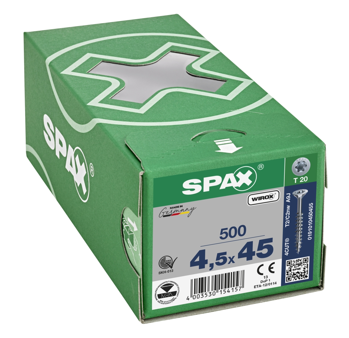 SPAX Universalschraube, Teilgewinde, Senkkopf, T-STAR plus T20, 4CUT, WIROX, 4,5 x 45 mm, 500 Stück