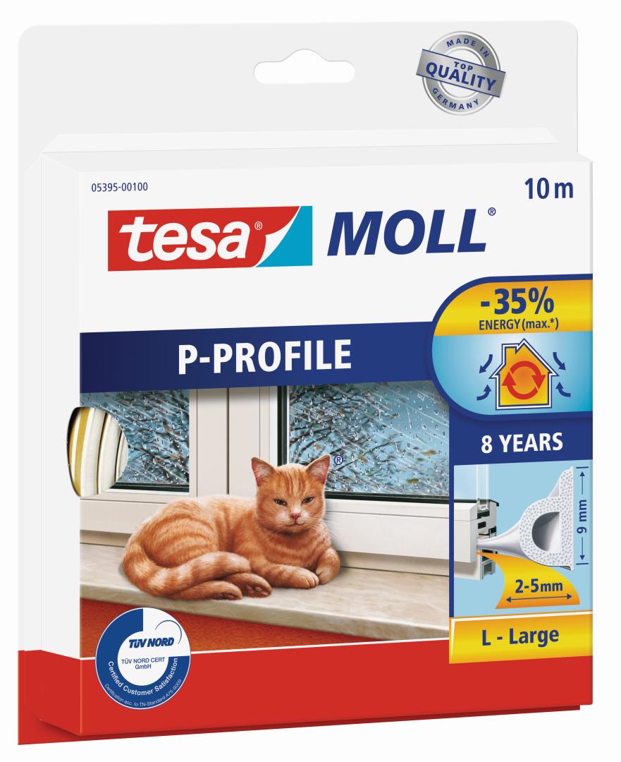 tesamoll P-Profil Gummidichtung für 2 - 5 mm Spalten, für Türen und Fenster, weiß, 10 m x 9 mm x 4 mm