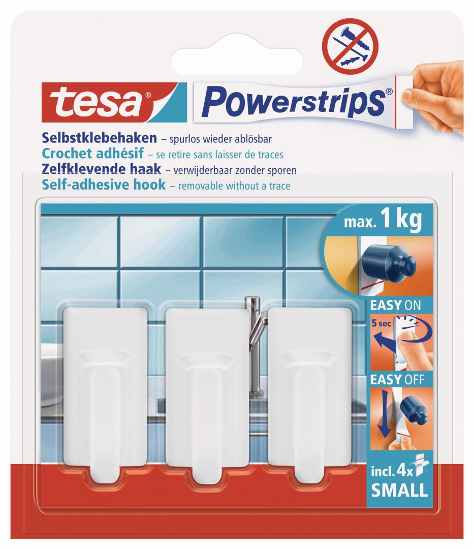 tesa Powerstrips Selbstklebehaken small, eckig, weiß, bis 1,0 kg, 3 Stück